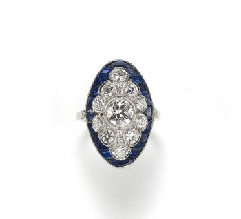 Art Deco Style Sapphire and Diamond Platinum Ring