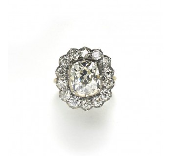 Cushion Diamond Silver-Upon-Gold Cluster Ring, 4.18ct