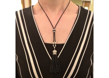 Black Onyx Bead and Diamond Tassel Pendant Necklace, Circa 1930