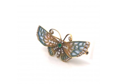 Diamond, Emerald and Blue-Pink Enamel Butterfly Brooch