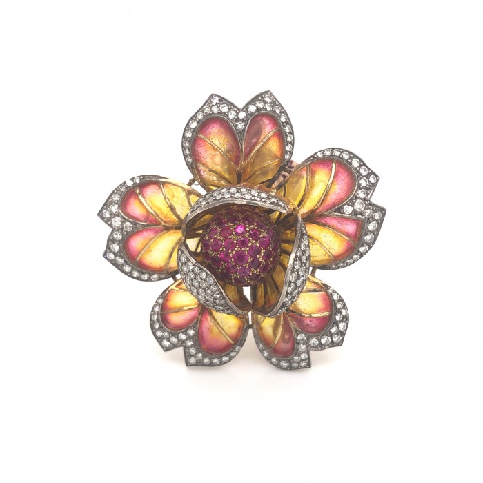 Enamel, Ruby and Diamond Flower Brooch front view