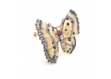 Cream and Blue Enamel Butterfly Brooch