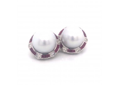 South Sea Pearl, Ruby and Diamond Earrings