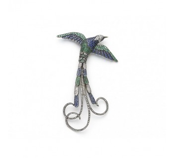Modern Sapphire, Diamond, Emerald and Silver Upon Gold Bird Brooch, Circa 2002