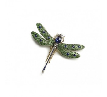 Moira Green Garnet, Diamond, Sapphire, Silver and Gold Dragonfly Brooch