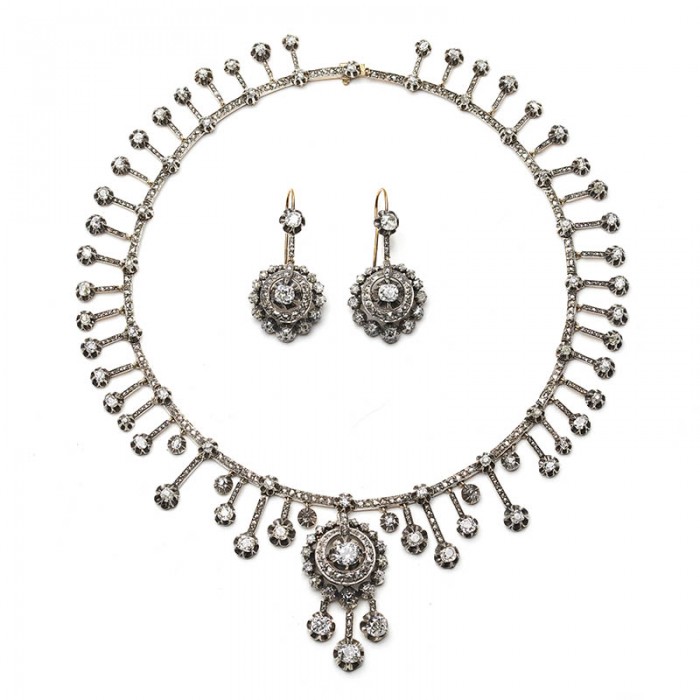 Antique Diamond Silver and Gold Necklace and Earrings Suite, Circa 1880