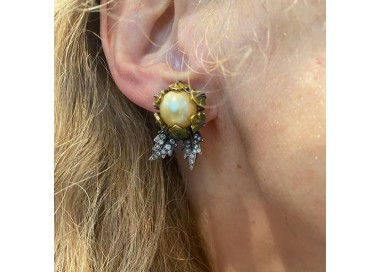 Yellow South Sea Pearl and Plique à Jour Enamel Earrings