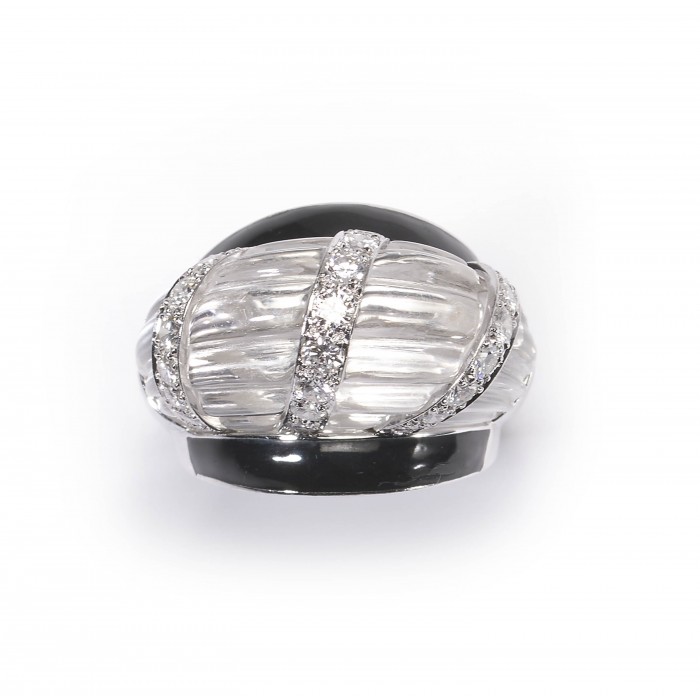 David Webb Rock Crystal, Diamond and Enamel Ring