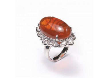 Modern Fire Opal Diamond and Platinum Cluster Ring