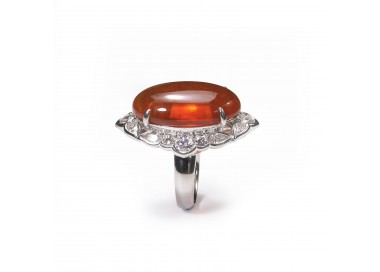 Modern Fire Opal Diamond and Platinum Cluster Ring