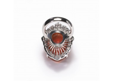Modern Fire Opal Diamond and Platinum Cluster Ring