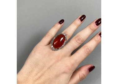 Modern Fire Opal Diamond and Platinum Cluster Ring