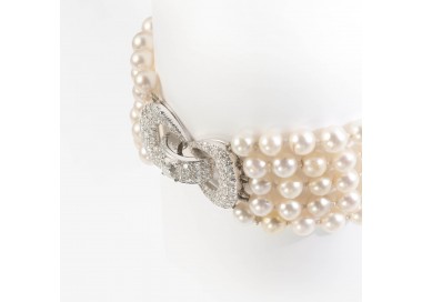Five Row Cultured Pearl And Diamond Bracelet
