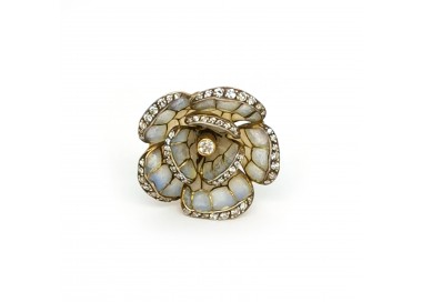 Pale Blue Plique a Jour Enamel, Diamond, Gold and Silver Flower Earrings