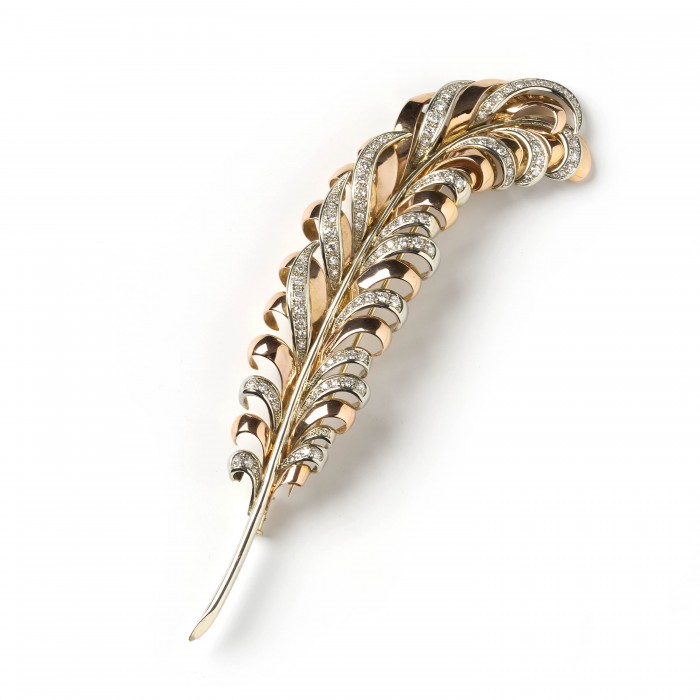 Vintage Gold And Diamond Feather Brooch, 3.50ct