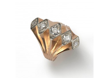 Vintage Diamond Five Row Fan Ring Gold, Circa 1940