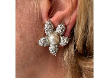 Vintage Pearl and Diamond Flower Earrings, Circa 1950