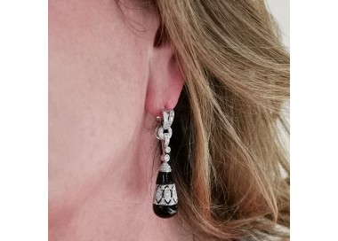 Black Onyx And Diamond Drop Earrings modelled on ear