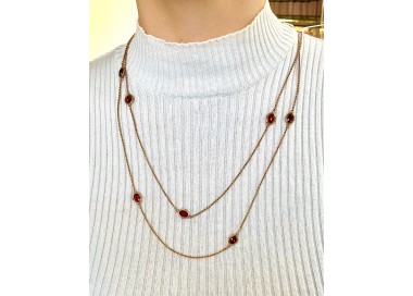 Edwardian Garnet and Gold Long Chain modelled on neck