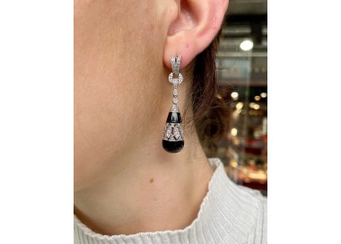 Black Onyx and Diamond Drop Earrings modelled on ear