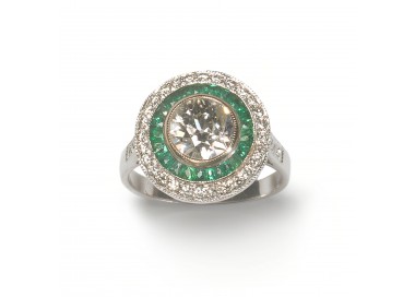 Diamond Emerald and Platinum Target Ring, 1.29ct