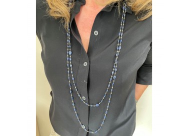 Sapphire, Pearl and White Gold Long Chain Necklace modelled