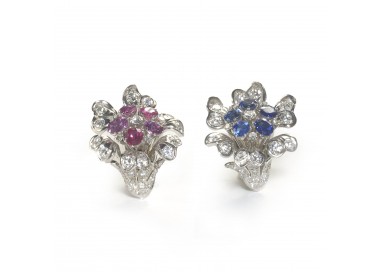 Vintage Diamond Flower Earrings With Sapphire and Ruby in Platinum