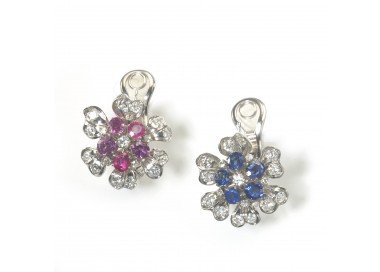 Vintage Diamond Flower Earrings With Sapphire and Ruby in Platinum