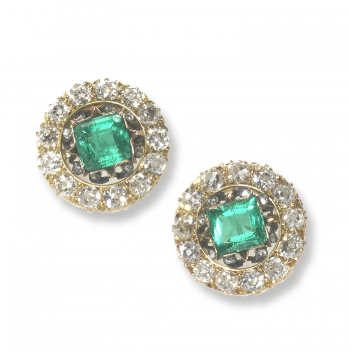 Antique Colombian Emerald, Diamond and Gold Earrings