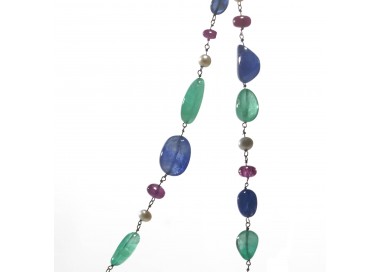 Emerald, Sapphire, Ruby, Pearl and White Gold Long Chain Necklace