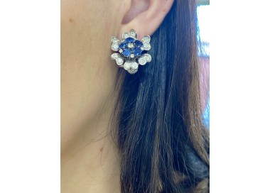 Vintage Diamond Flower Earrings With Sapphire and Ruby in Platinum modelled
