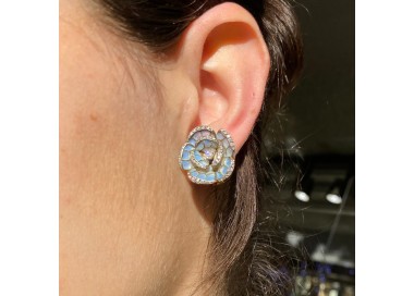 Pale Blue Plique a Jour Enamel, Diamond, Gold and Silver Flower Earrings modelled