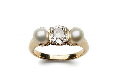 Antique Natural Pearl, Diamond and Gold Three Stone Ring