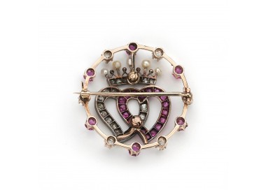 Antique Ruby Diamond Pearl Gold and Silver Luckenbooth Heart Crown and Circle Brooch, Circa 1910