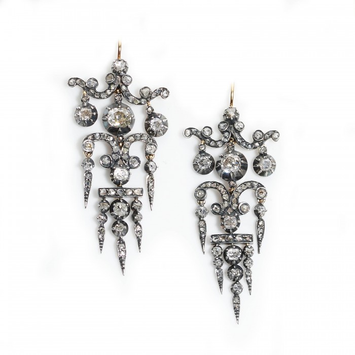 Antique Diamond and Silver Upon Gold Drop Earrings, Circa 1850