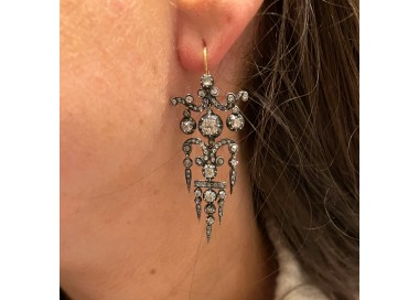 Antique Diamond and Silver Upon Gold Drop Earrings, Circa 1850 modelled