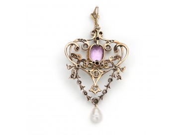 Modern Belle Epoque Style Pink Sapphire, Pearl Diamond Silver and Gold Pendant