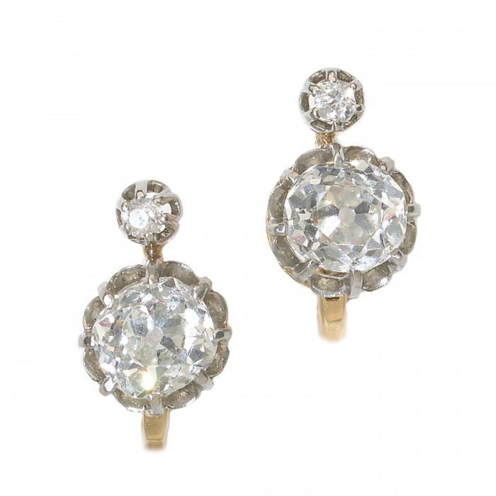 Antique Old-Cut Diamond Platinum and Gold Earrings, 2.60ct, Circa 1910