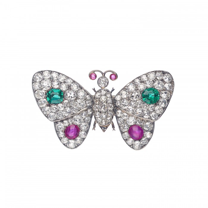 Antique Diamond Emerald Ruby Silver and Gold Butterfly Brooch, Circa 1880