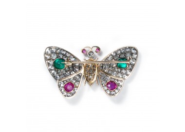 Antique Diamond Emerald Ruby Silver and Gold Butterfly Brooch, Circa 1880