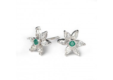 Emerald Diamond and Platinum Flower Earrings