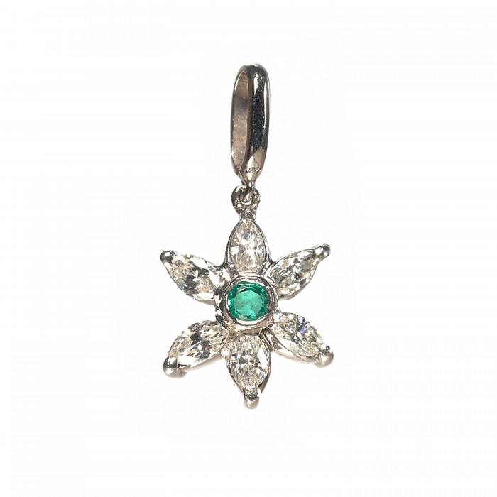 Modern Emerald Diamond and Platinum Flower Pendant