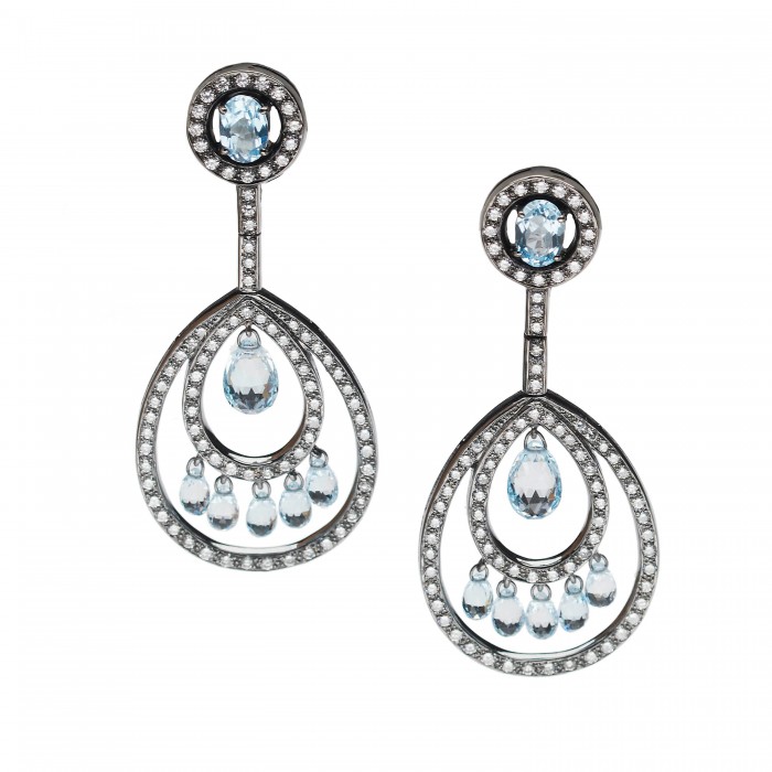 Blue Topaz Briolette Diamond and Oxidised Gold Drop Earrings