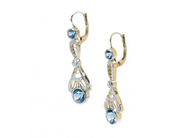 Modern Edwardian Style Aquamarine Diamond and Gold Drop Earrings