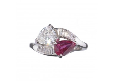 Vintage Ruby Diamond and Platinum Crossover Ring, Circa 1950