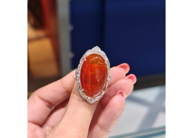 Modern Fire Opal Diamond and Platinum Cluster Ring