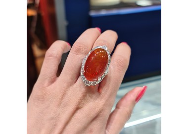 Modern Fire Opal Diamond and Platinum Cluster Ring
