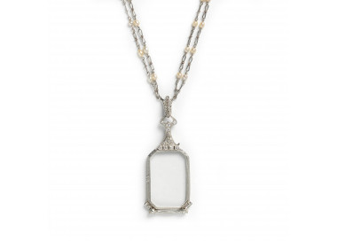 Durand & Co. Art Deco Diamond Pearl and Platinum Lorgnette and Chain, Circa 1930
