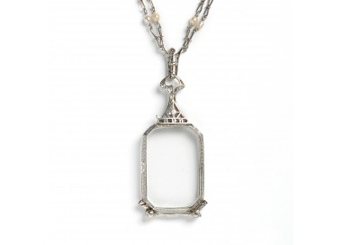Durand & Co. Art Deco Diamond Pearl and Platinum Lorgnette and Chain, Circa 1930