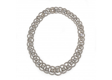 Modern Antique Style Old Cut Diamond and Silver Upon Gold Necklace, 47.94ct